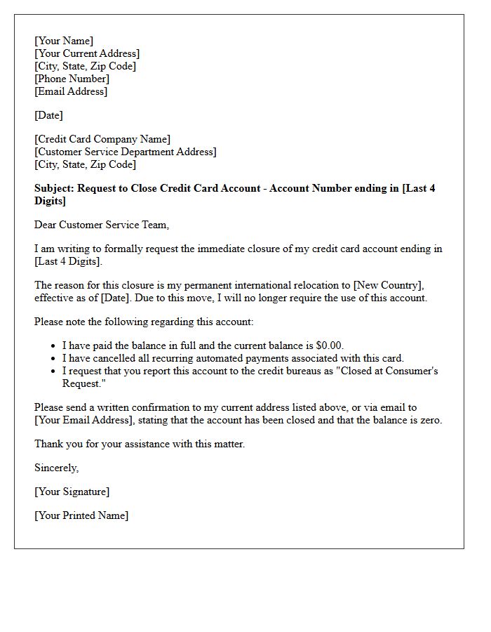 Letter To Close Credit Card Account Due To International Relocation