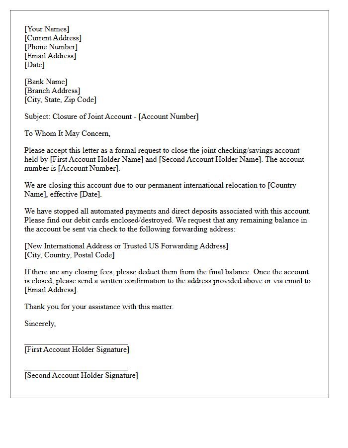 Letter To Close Joint Bank Account Due To International Relocation