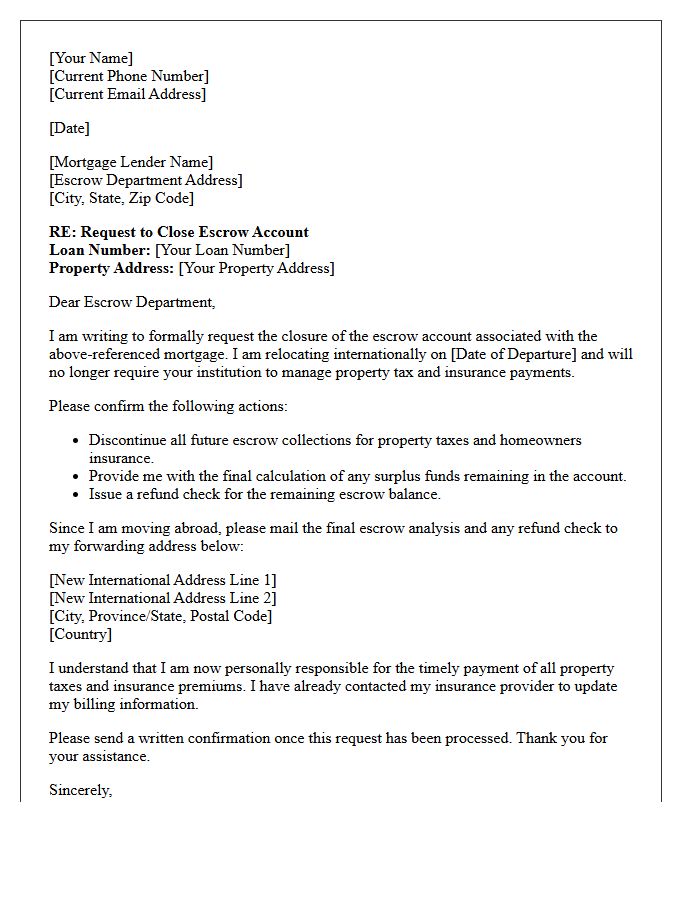 Letter To Close Mortgage Escrow Account Due To International Relocation