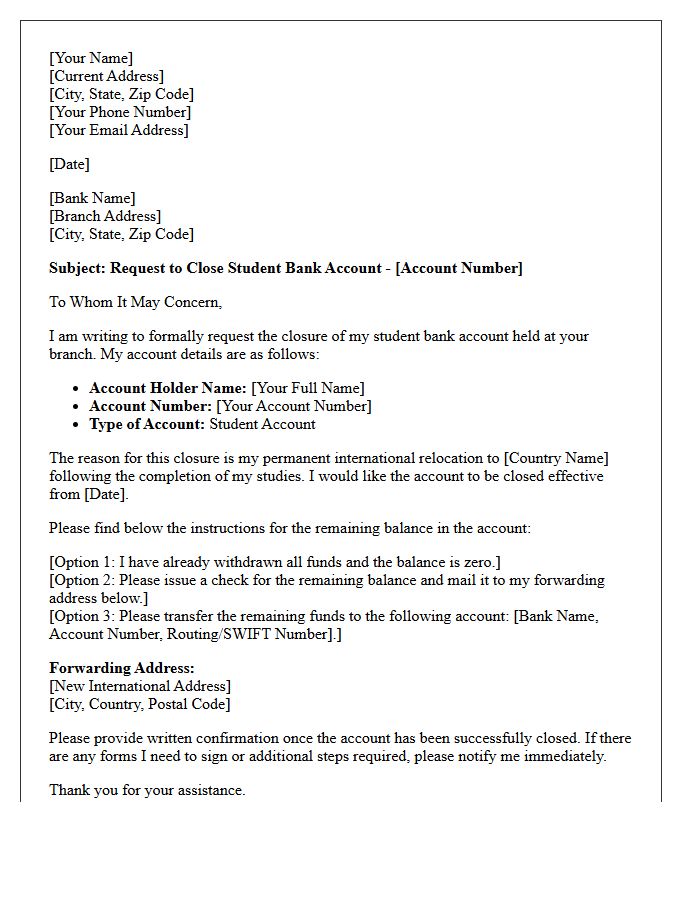 Letter To Close Student Bank Account Due To International Relocation