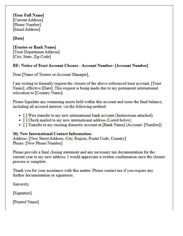 Letter To Close Trust Account Due To International Relocation
