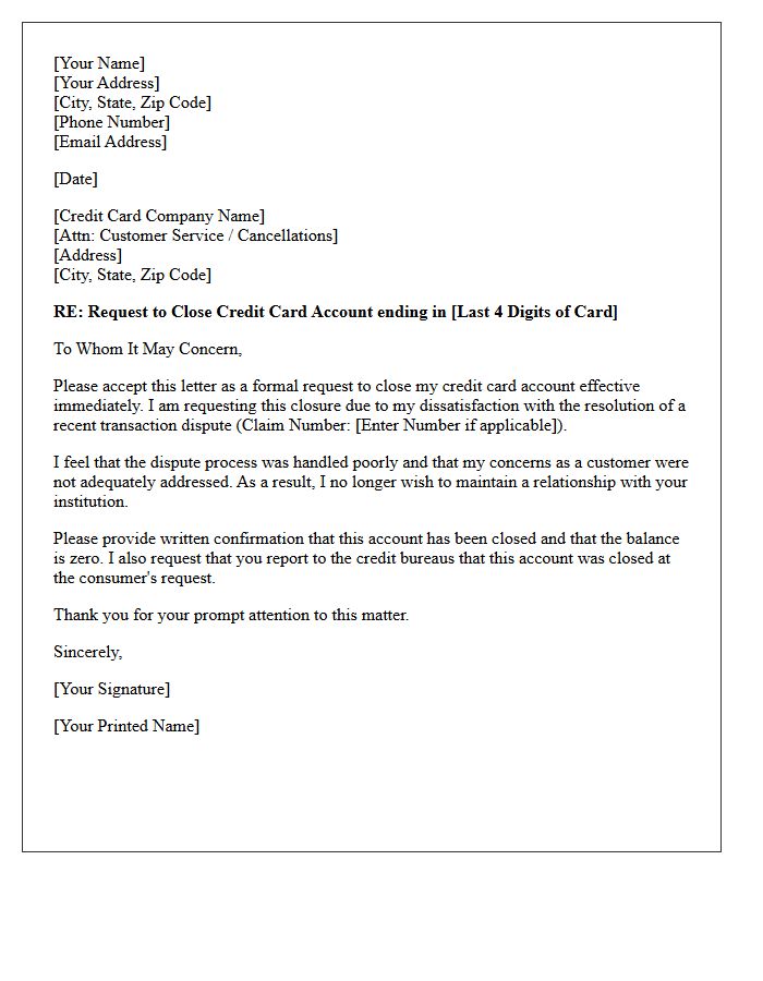 Letter Requesting Credit Card Account Closure Due to Poor Dispute Resolution