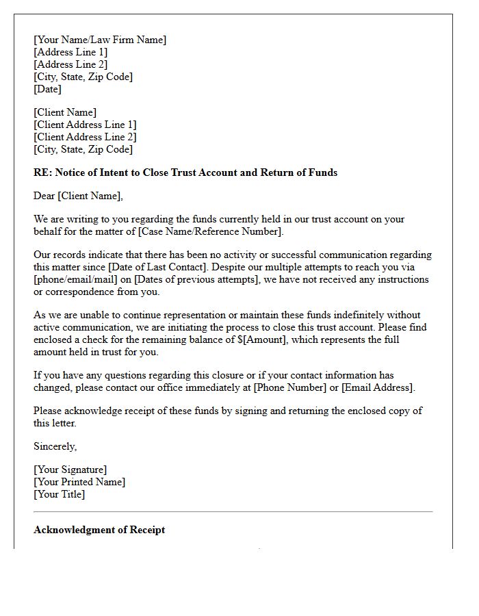Letter Requesting Trust Account Closure Following Inadequate Client Communication