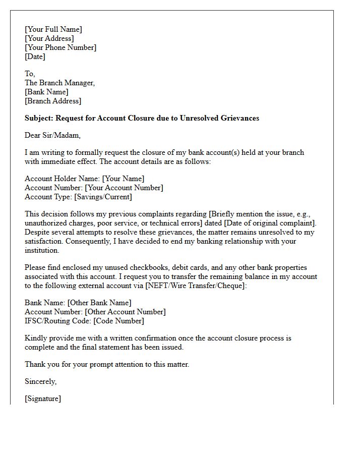 Letter to Bank Manager Closing Account After Unresolved Customer Grievances