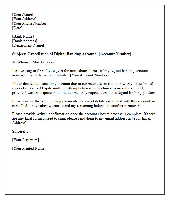 Letter to Cancel Digital Banking Account Due to Poor Technical Support