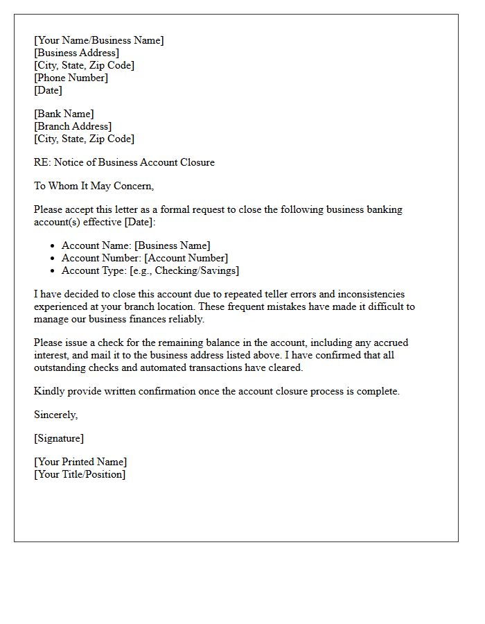 Letter to Close Business Banking Account Due to Frequent Teller Errors
