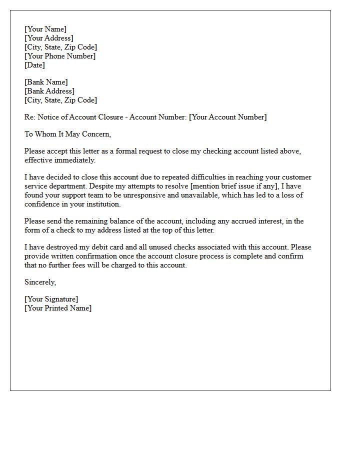 Letter to Close Checking Account Due to Unresponsive Customer Service