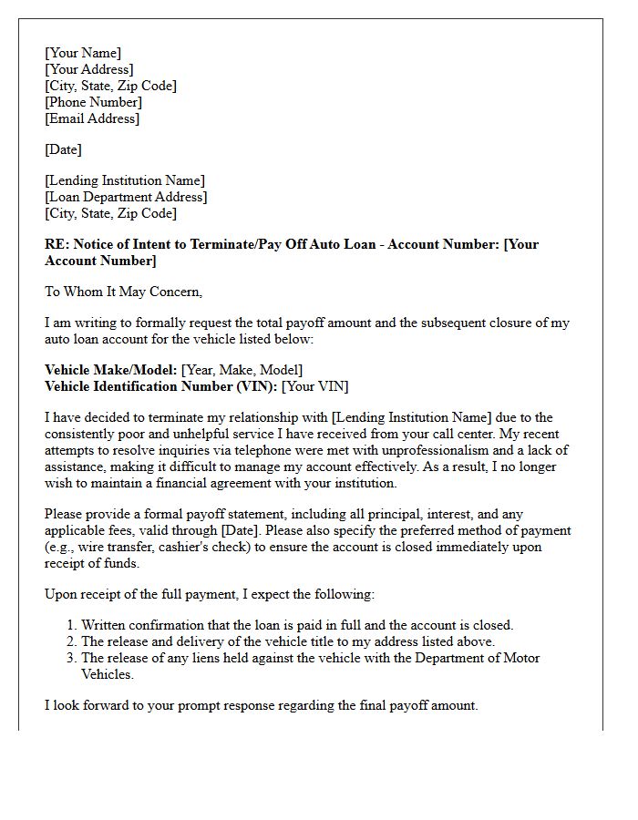 Letter to Terminate Auto Loan Account Over Unhelpful Call Center Service