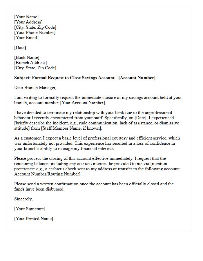 Letter to Terminate Savings Account Over Unprofessional Staff Behavior