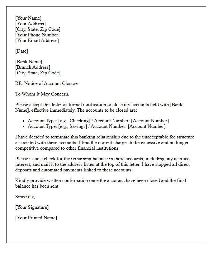 Banking Relationship Termination Letter Due to Unacceptable Fees