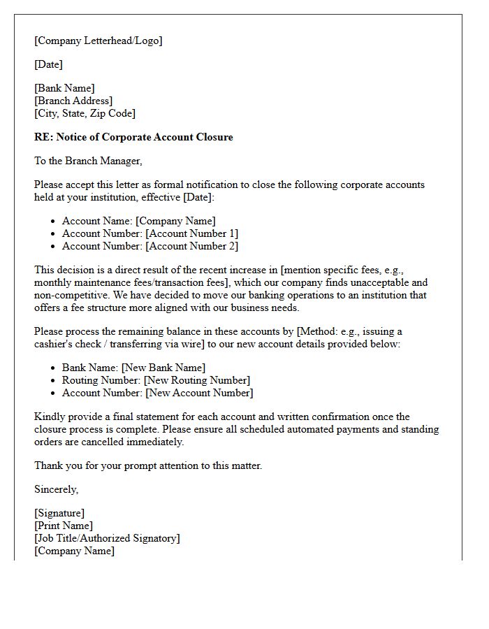 Corporate Account Closure Letter Caused by Unacceptable Bank Fees