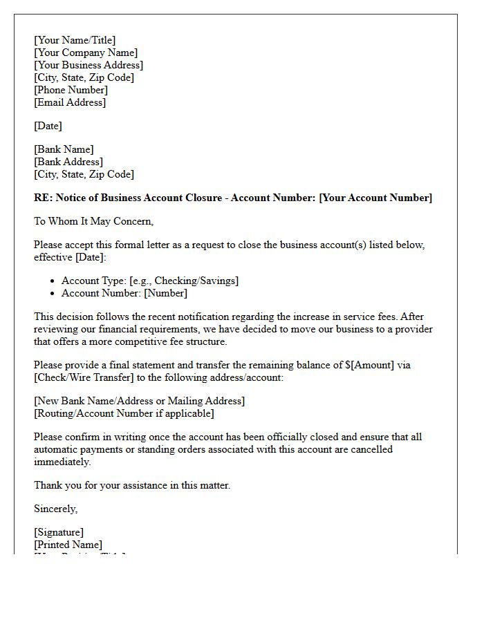 Formal Letter to Close Business Account Following Fee Increases