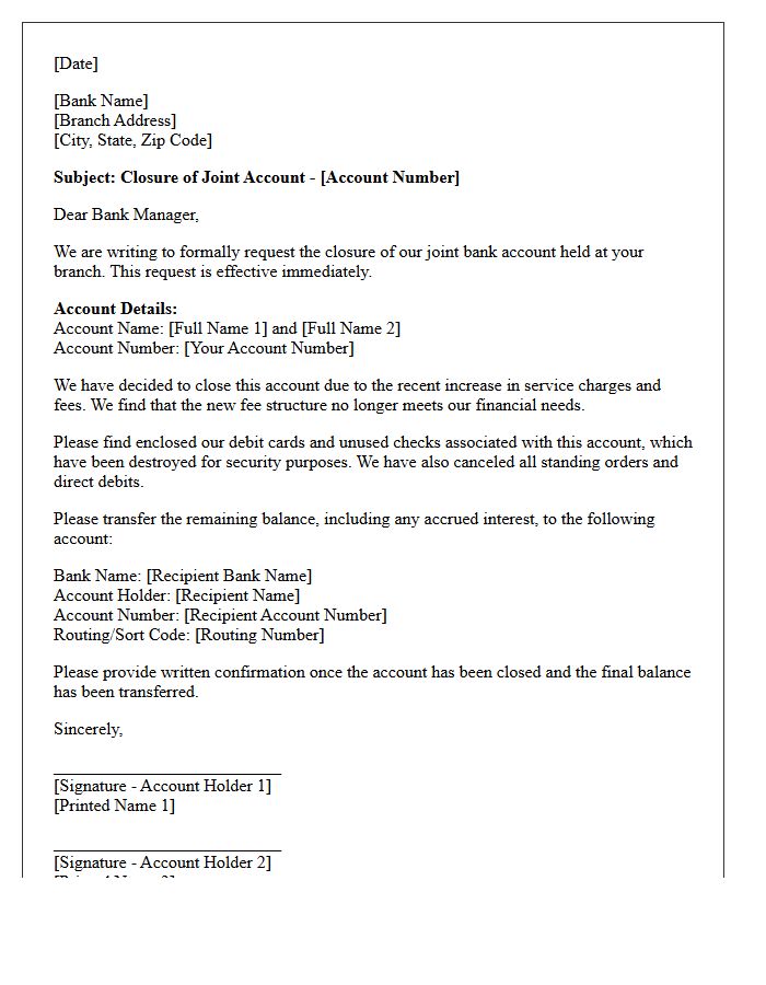 Joint Account Closure Letter Triggered by Increased Service Charges