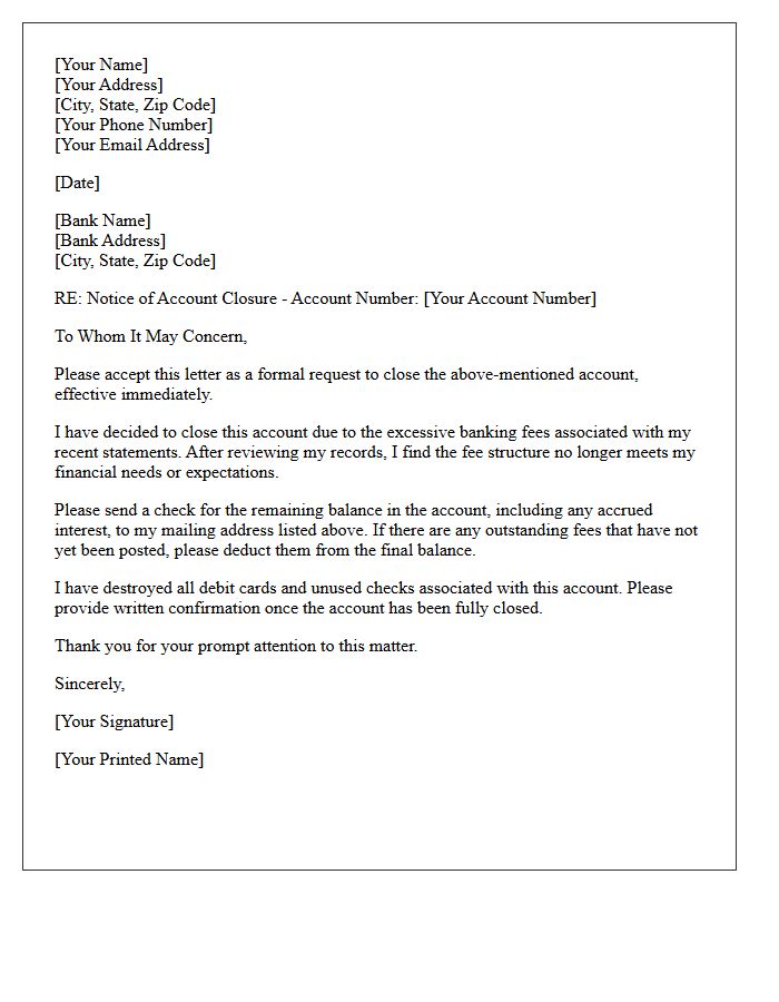 Letter of Account Closure Regarding Excessive Banking Fees