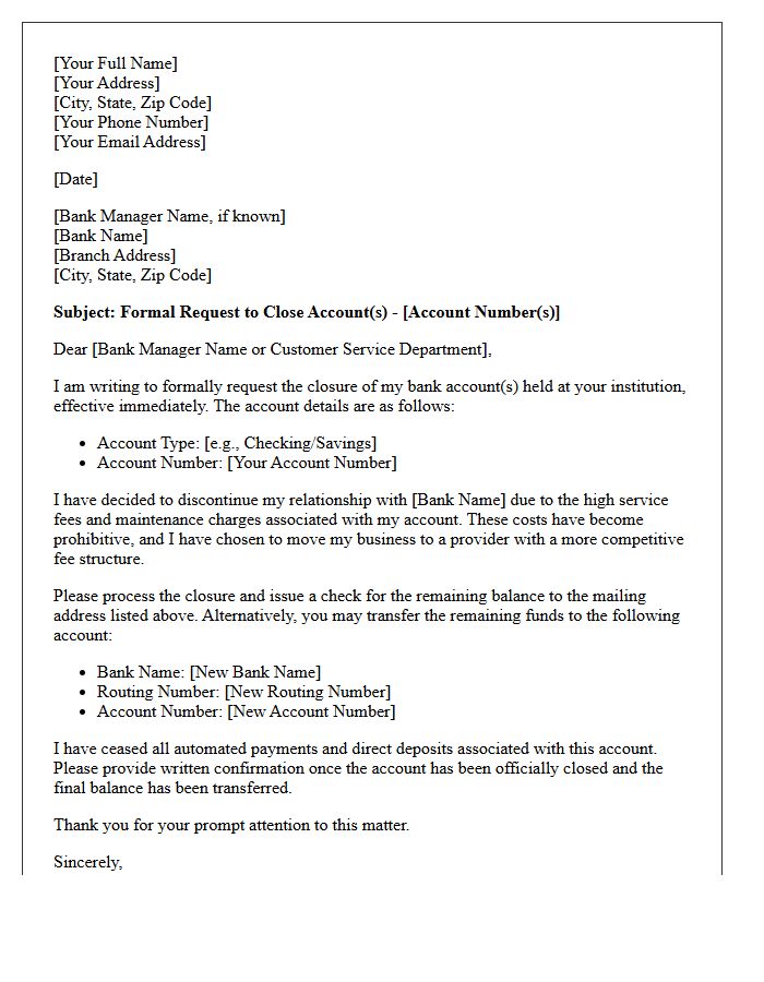 Letter of Discontinuation for Bank Services Due to High Fees