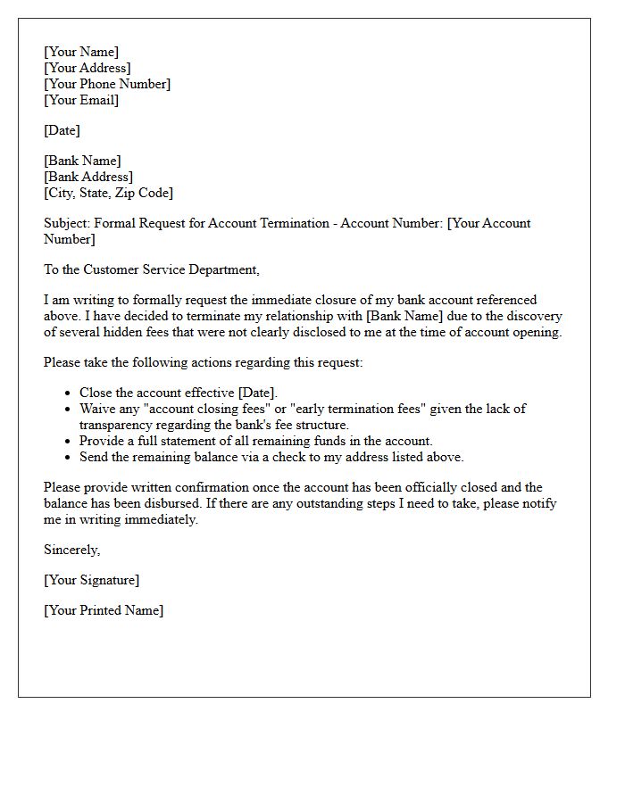 Letter Requesting Account Termination Over Hidden Banking Fees