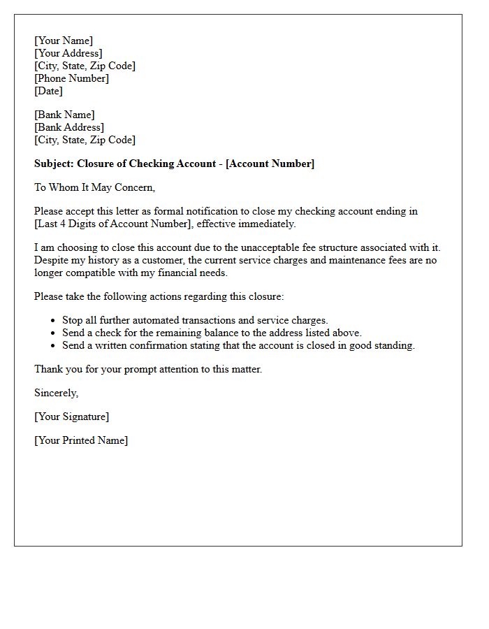 Letter to Close Checking Account Over Unacceptable Fees