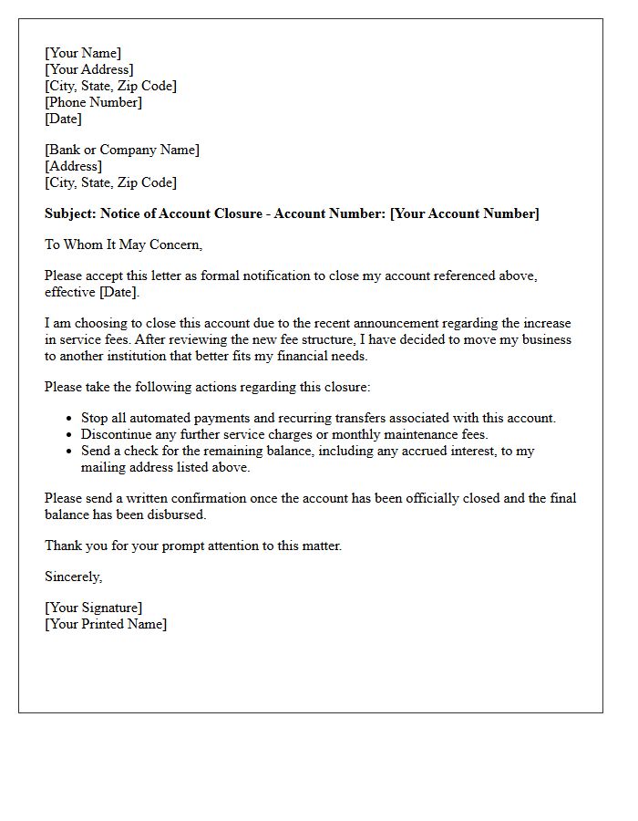 Notice of Account Closure Letter Due to Fee Increases