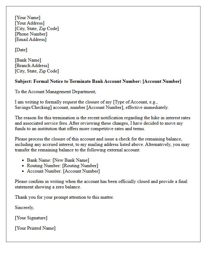 Official Letter Terminating Bank Account Due to Rate Hikes