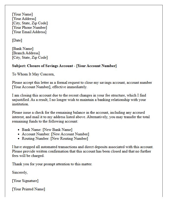 Savings Account Closure Letter Due to Unjustified Fee Changes