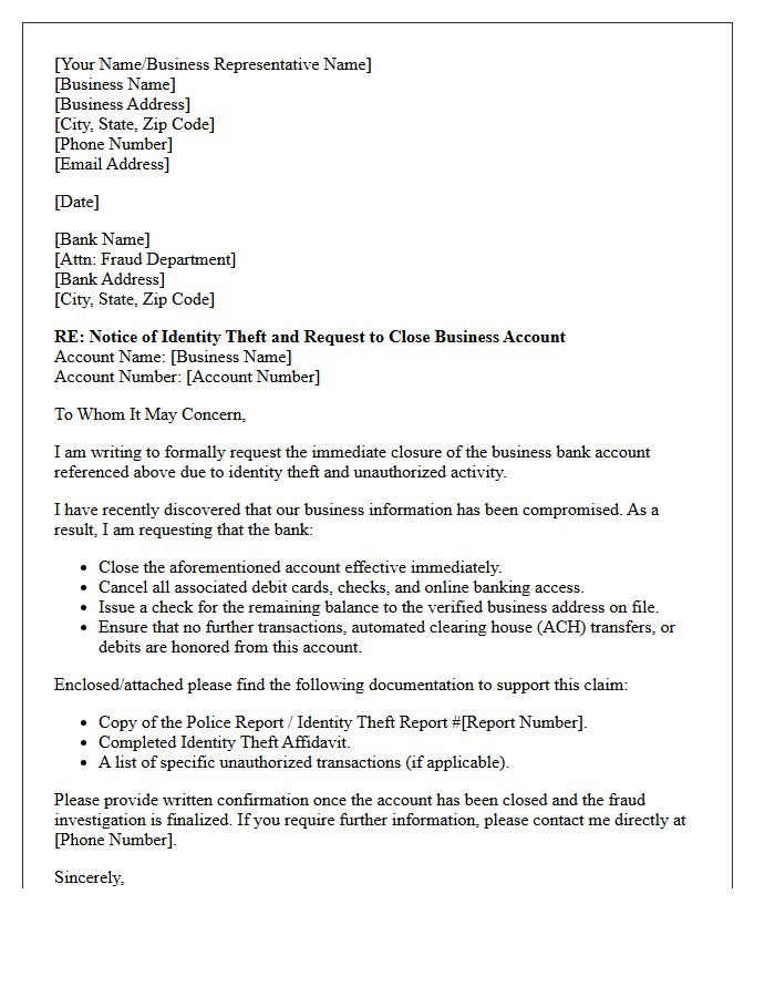 Letter to Close Compromised Business Bank Account Following Identity Theft