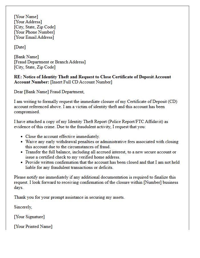 Letter to Close Compromised Certificate of Deposit Account Following Identity Theft