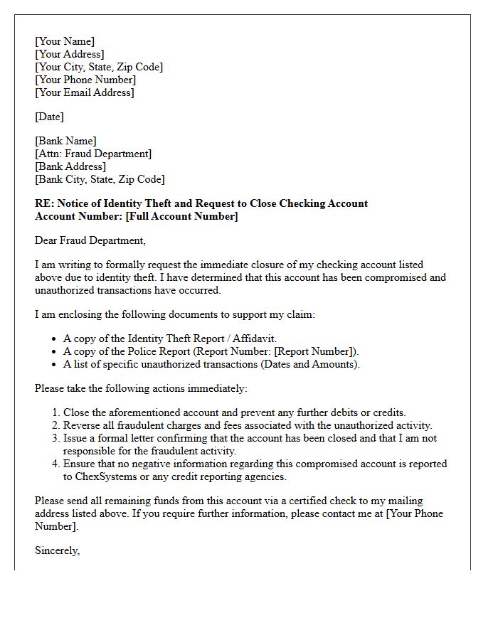 Letter to Close Compromised Checking Account Following Identity Theft