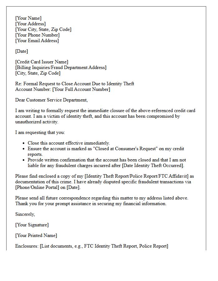 Letter to Close Compromised Credit Card Account Following Identity Theft