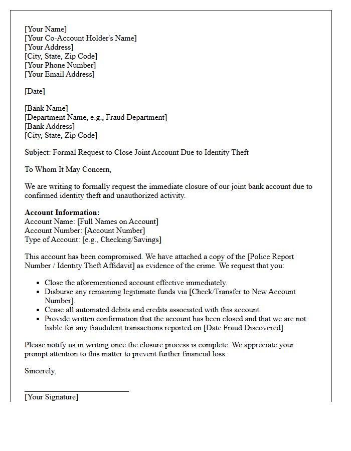 Letter to Close Compromised Joint Bank Account Following Identity Theft
