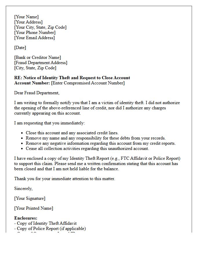 Letter to Close Compromised Line of Credit Account Following Identity Theft