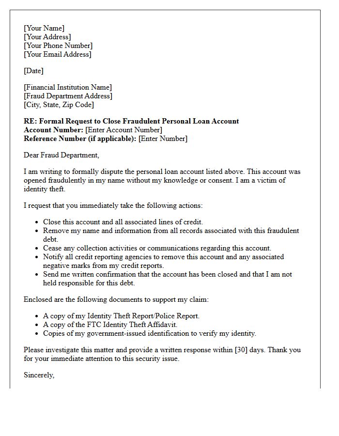 Letter to Close Compromised Personal Loan Account Following Identity Theft