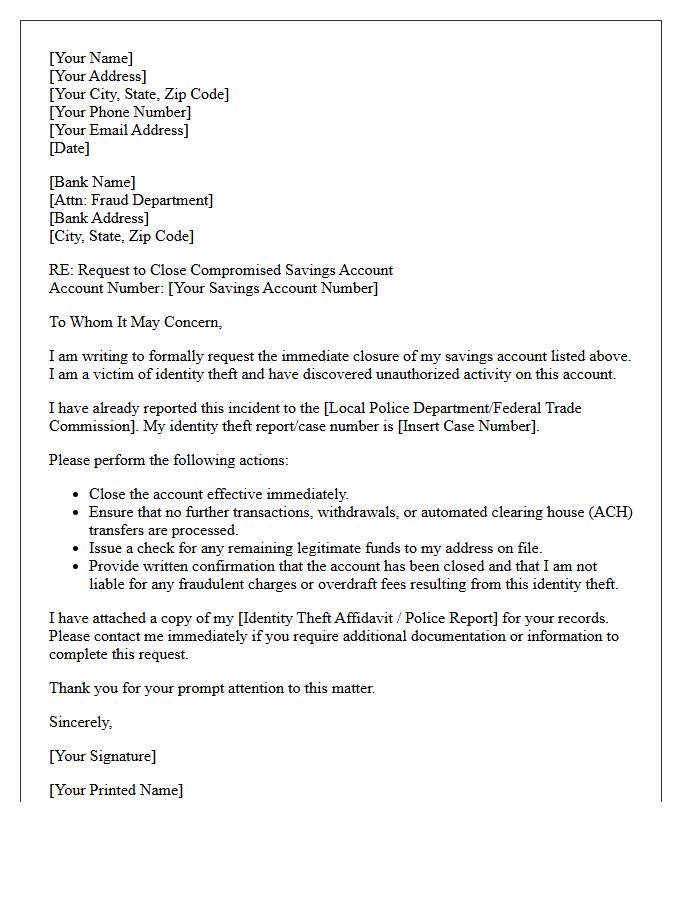Letter to Close Compromised Savings Account Following Identity Theft