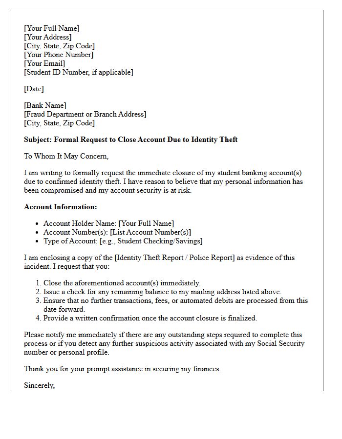 Letter to Close Compromised Student Banking Account Following Identity Theft