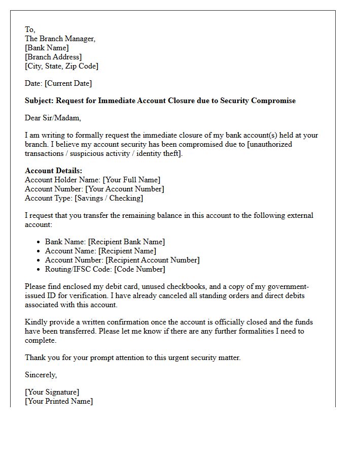 Account Compromise and Closure Request Letter to Bank Manager