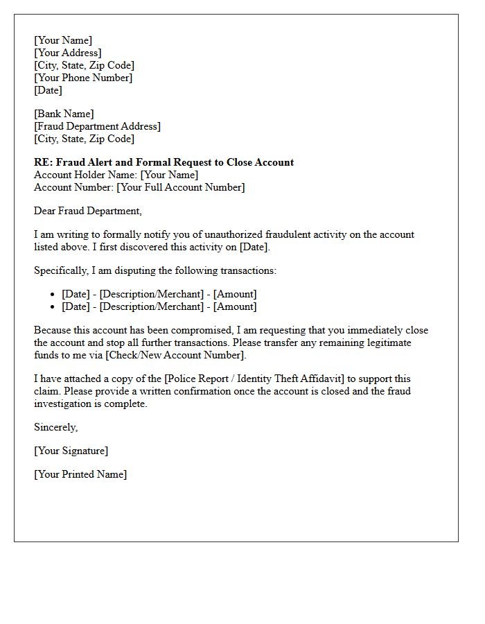 Fraud Alert and Deposit Account Closure Letter