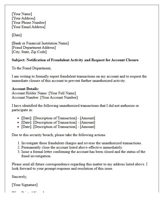 Fraudulent Transaction Notification and Account Closure Letter