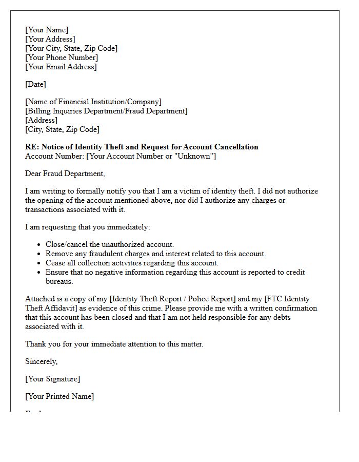 Identity Theft Notification and Account Cancellation Letter