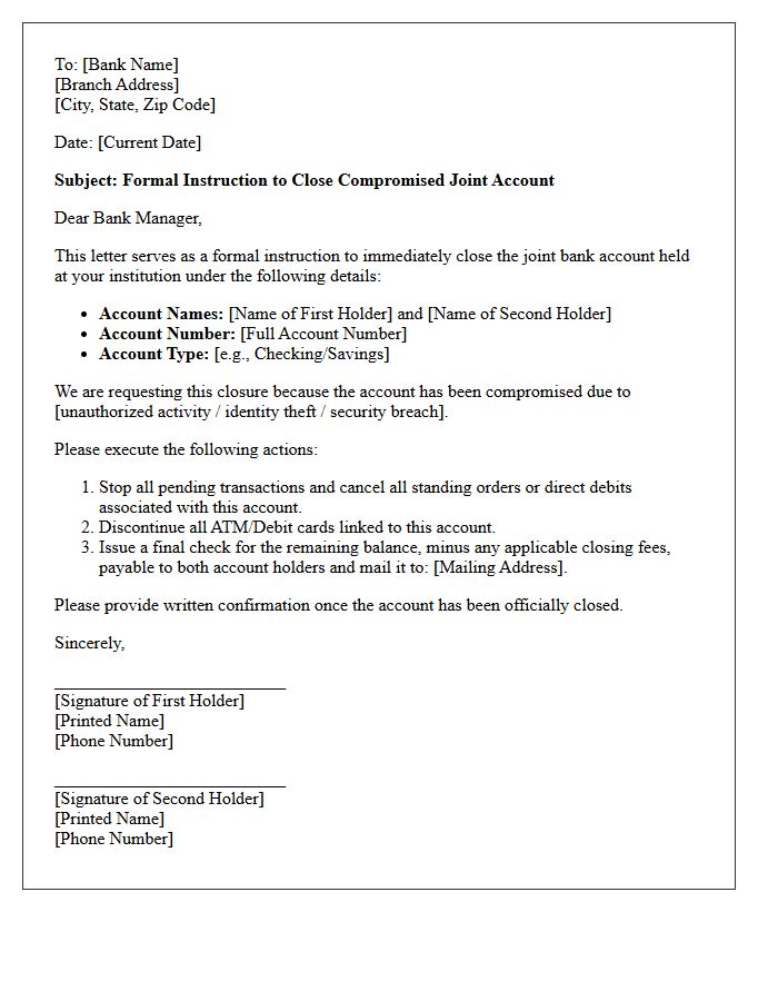 Letter of Instruction to Close Compromised Joint Bank Account