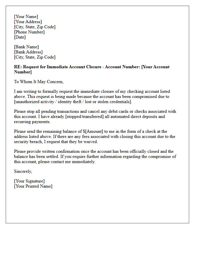 Letter Requesting Closure of Compromised Checking Account