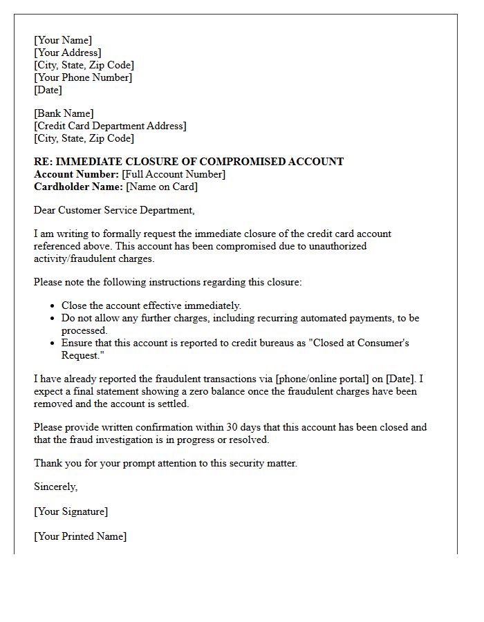 Letter to Close Compromised Credit Card Account Immediately