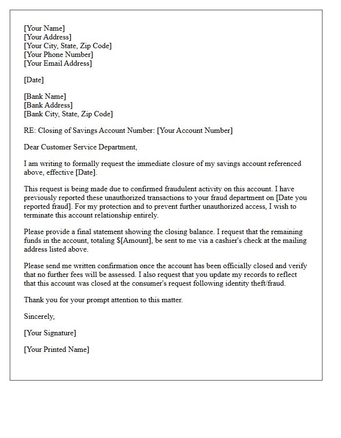 Letter to Close Savings Account Following Fraudulent Activity