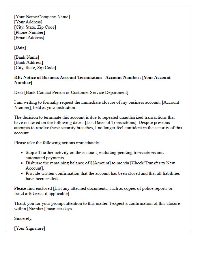 Letter to Terminate Business Account Due to Unauthorized Transactions