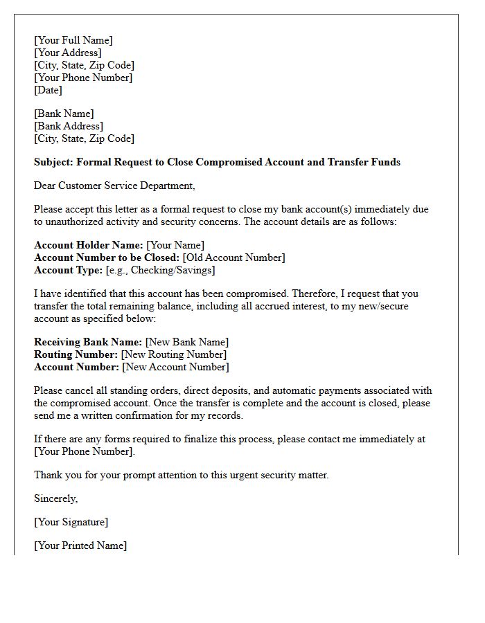 Letter to Transfer Funds and Close Compromised Banking Account