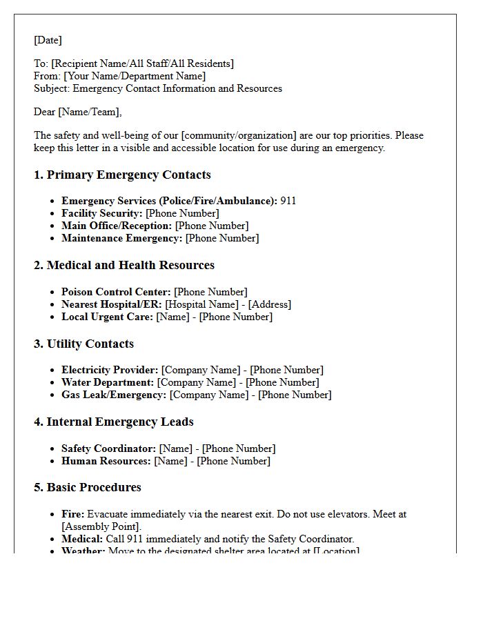 Emergency Contact Information and Resources Letter