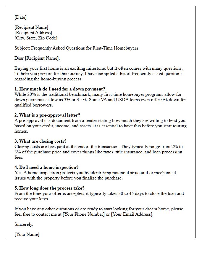 First-Time Homebuyer Frequently Asked Questions Letter