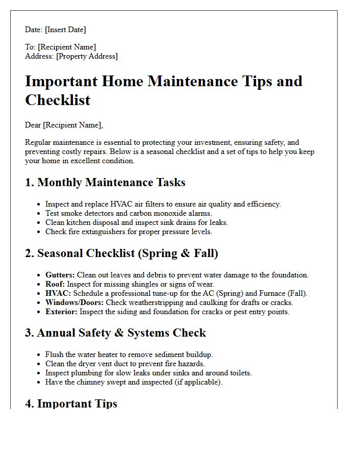 Important Home Maintenance Tips and Checklist Letter