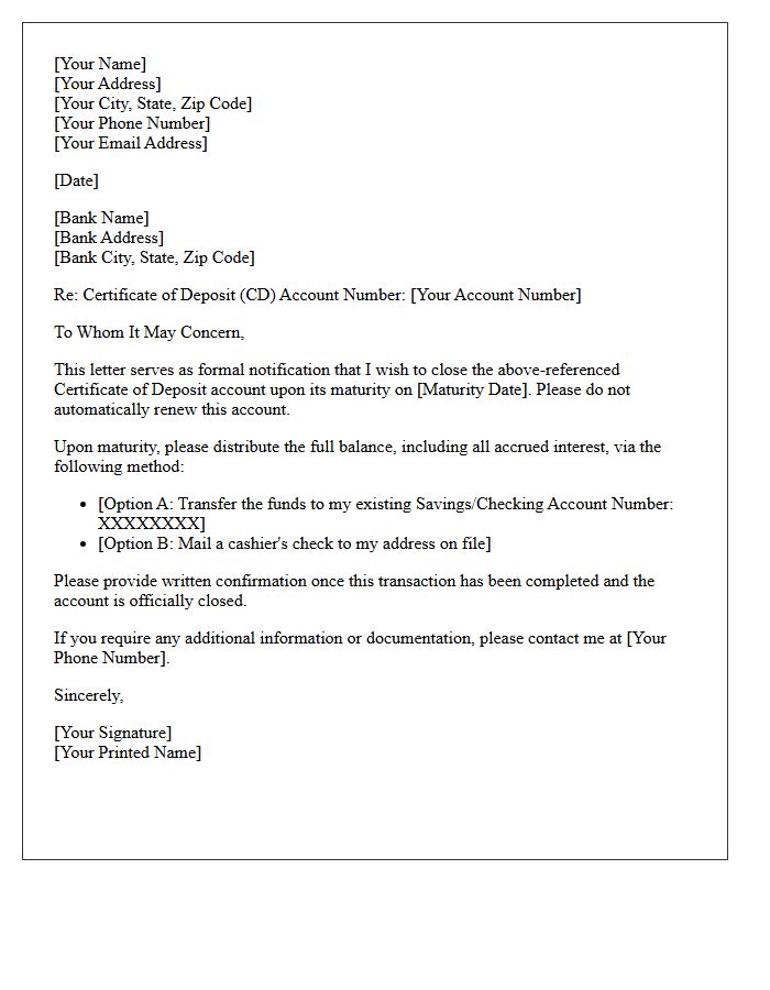 Business Letter to Close Certificate of Deposit Upon Maturity