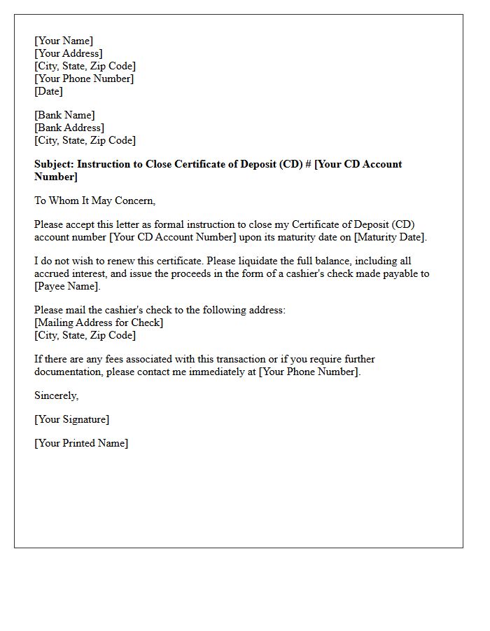Letter to Close Certificate of Deposit Upon Maturity and Issue a Cashier's Check