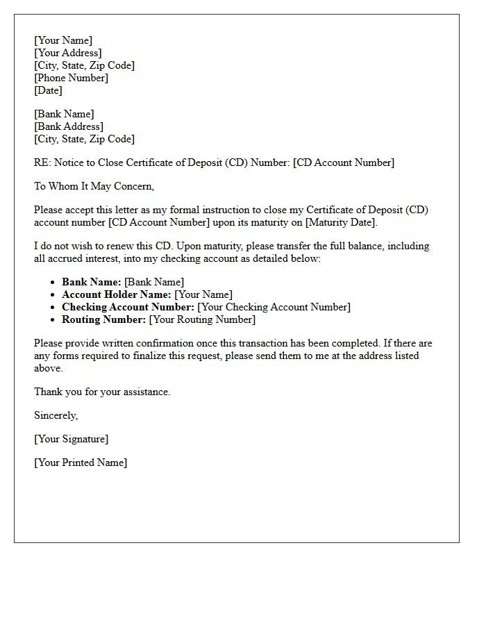 Letter to Close Certificate of Deposit Upon Maturity and Transfer Funds to Checking Account