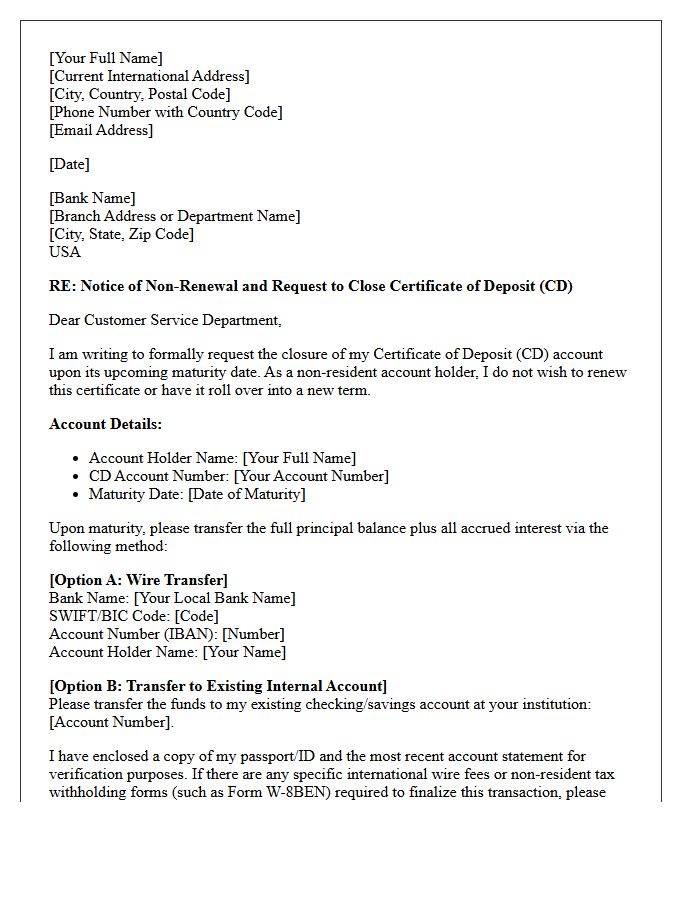 Letter to Close Certificate of Deposit Upon Maturity for Non-Resident Account